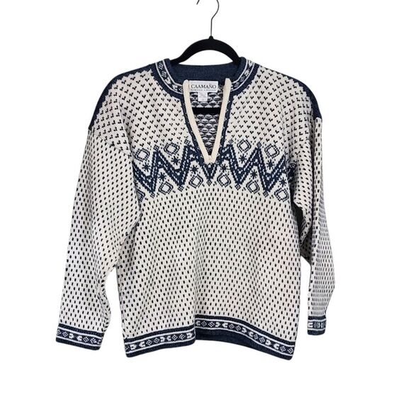 Caamano Alpaca sweater cream & blue Fair Isle hand knitted in Peru XS - Picture 1 of 4